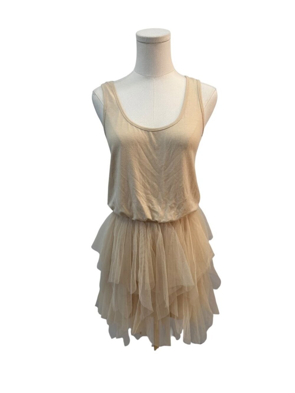 A’reve Beige Tulle Dress Size S Layered Skirt Sleeveless Fit & Flare